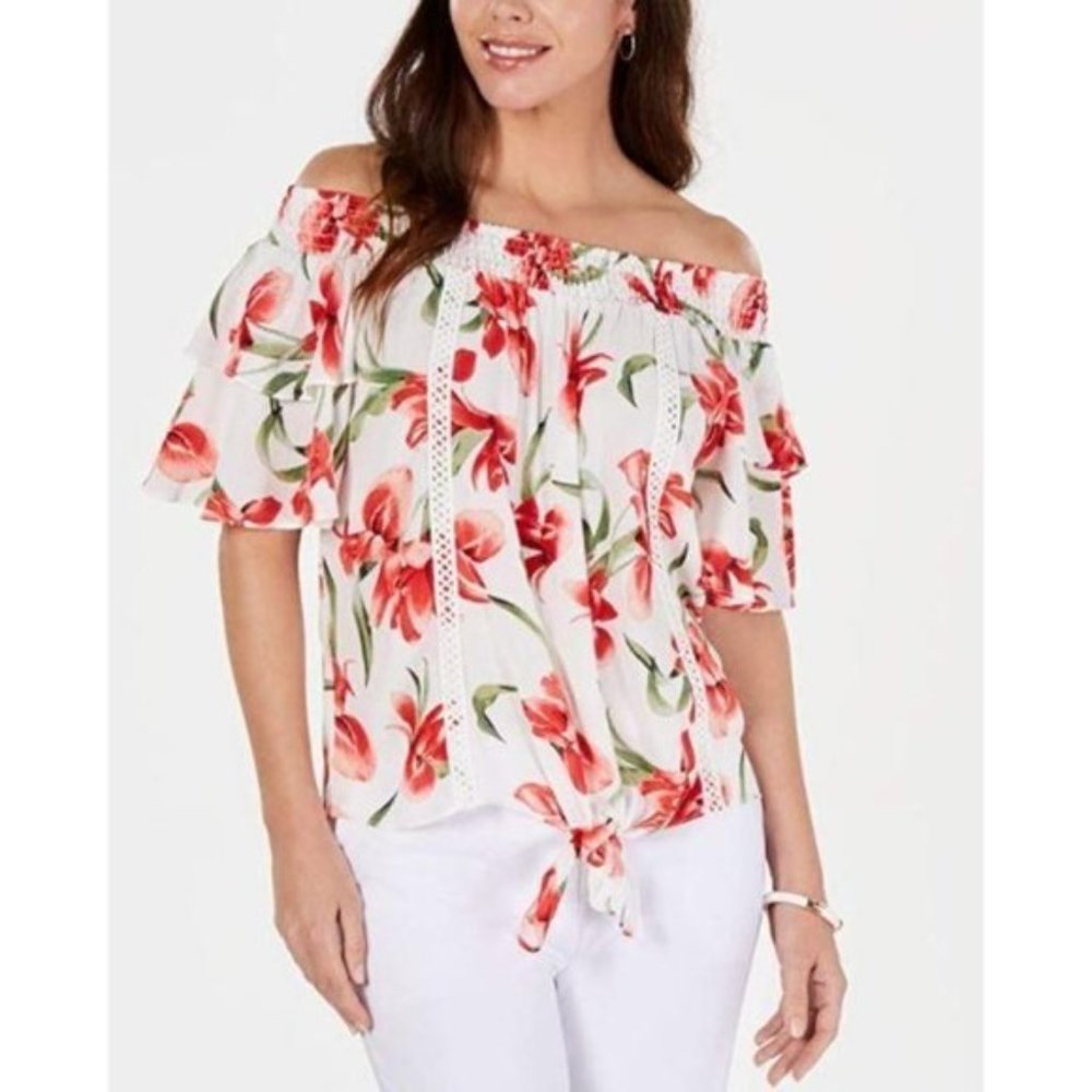 JM Collection Womens' White Tie Front Floral Off Shoulder Top Size L